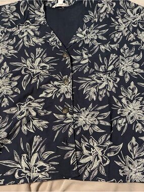 Hang Ten Navy Blue Floral Button-Up Blouse, Size L
